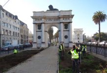 Trabajadores de Conaf hermosean bandejón del Arco Británico de Valparaíso
